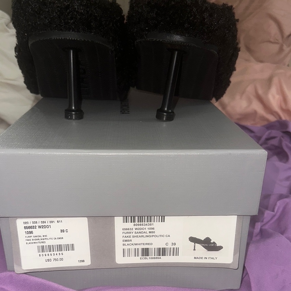 Balenciaga Black Fuzzy Heeled Slippers - Picture 2 of 3